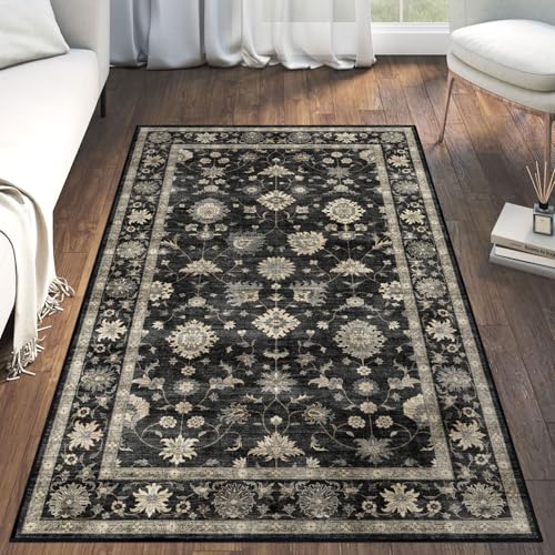 LUXRUG 3x5 Washable Area Rug - Small Entryway Rug Non-Slip Charcoal Black Vintage Traditional Floral Kitchen Rugs Low Pile Boho Entry Carpet Throw Rugs for Living Room Bedroom Bathroom Entrance Office - color: Charcoal Black, size: 3' x 5' (Rectangular)