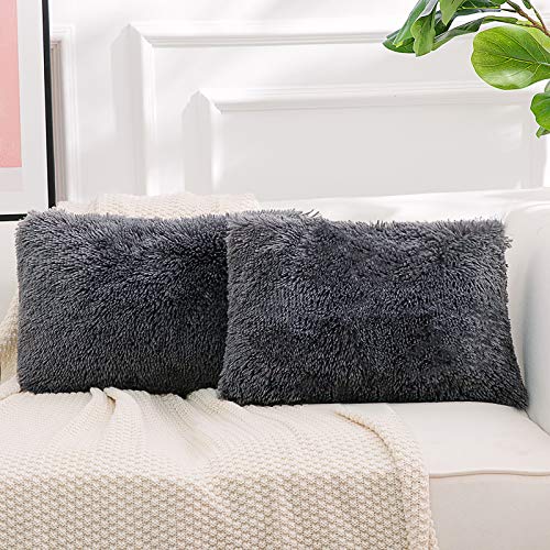 NordECO HOME Luxury Soft Faux Fur Fleece Cushion Cover Pillowcase Decorative Throw Pillows Covers, No Pillow Insert, 12" x 20" Inch, Dark Grey, 2 Pack - color: F-dark Grey, size: 20" x 12" (Pack of 2)