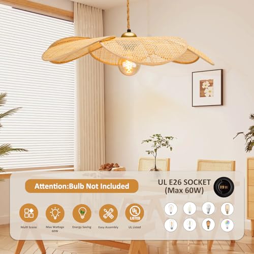 Bamboo Plug in Pendant Light, 24 Inch Flower Handwoven Rattan Lampshade Stepless Dimmable Boho Chandelier, 11.3 ft Plug in Hanging Lamp for Hallway Kitchen Island Dining Room Bedroom(Not Bulb)