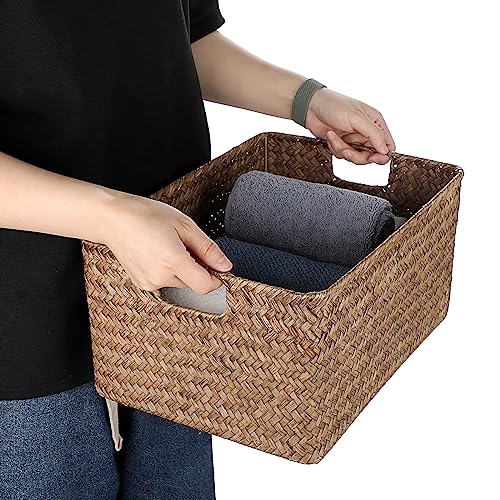 Hipiwe Seagrass Storage Opened Baskets Bin for Shelf Organizing Handwoven Wicker Baskets Rectangular Decorative Basket Closet Bedroom Organizer Bin Box Multipurpose Storage Basket with Handle - color: Coffee, size: Large,14.6"x10.6"x7"