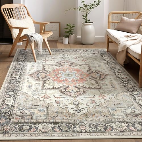 Area Rug for Living Room - 5x7 Soft Machine Washable Oriental Vintage Floral Distressed Large Indoor Floor Carpet for Bedroom Under Dining Table Home Office Decor - Multi Cream - color: Multi Cream, size: 5' x 7' (Rectangular)