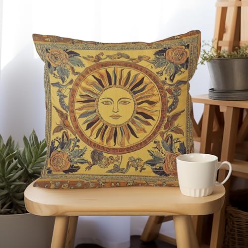 YOU FOUND ME Vintage Boho Sun Design Throw Pillow Cover Home Decor, Vintage Mystic Sun Goddess Art Decor Pillowcase Cushion Cover for Bed Sofa Living Room, Indoor and Outdoor 18x18inch (Moon&Flower) - color: Moon&flower