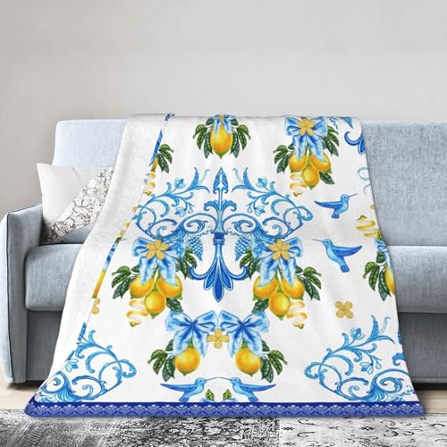 Blue Lemon Throw Blanket for Couch Chair Sofa Bed, Flannel Soft Mediterranean Ceramic Tiles Elegant Baroque Blanket for Bedroom Living Room Car, Warm Cozy Farmhouse Blankets for All Season 30"x 40" - color: Lemon05, size: 30X40 inch