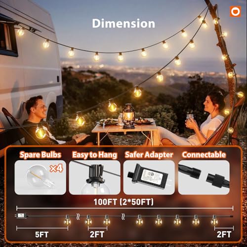 addlon Outdoor String Lights 100FT G40 with APP Control, 54 LED Shatterproof Bulbs, Dimmable Patio Globe Lights Waterproof, Hanging Outside Lighting for Backyard, Garden, Deck, Balcony, Café - size: 100FT(Smart)