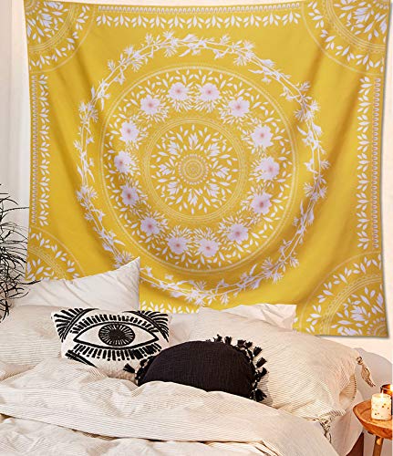 Lifeel Yellow Bohemian Tapestry Wall Hanging, Mandala Floral Medallion Hippie Tapestry with White Aesthetic Wreath Design, Gold Wall Decor Blanket for Bedroom Home Dorm,Small 50×60 inches - color: Yellow, size: 60"L x 50"W
