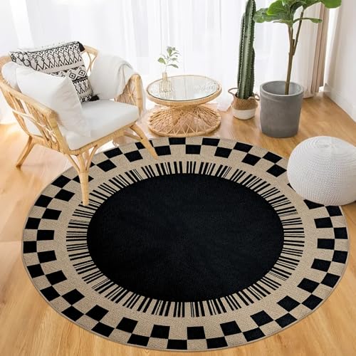 Easy Jute Checkered Rug, 4Ft Round Modern Indoor Outdoor Farmhouse Carpet, Washable Non-Slip Thin Neutral Floor Mat for Living Room Patio Kids Pets Room Playroom Home Office Kitchen, Black - color: Black Checker, size: 4'