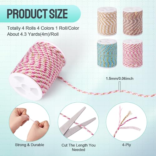 17.2 Yards 1.5mm Jewelry Beading Cord 4-Ply Macrame Polycotton Cord Metallic Braided Thread for String Wall Hangings Plant Hanger String Knitting Macrame Rope Bracelet DIY Craft - color: Mixed Color 10, size: 1.5mm