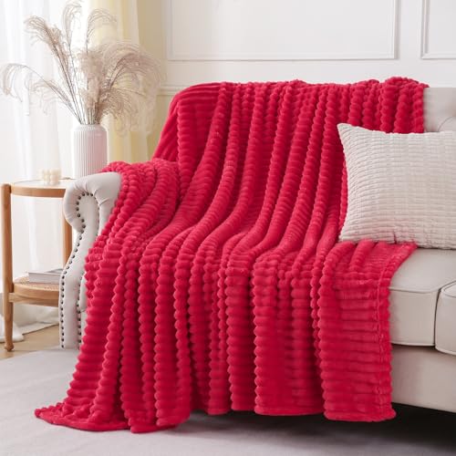 Cherry Red Throw Blanket for Couch Sofa 50x60 inches Striped Fleece Blankets Room Home Decor Lightweight Plush Soft Cozy Gifts for Women Mom Girls - color: Cherry Red, size: Throw(50"x60")