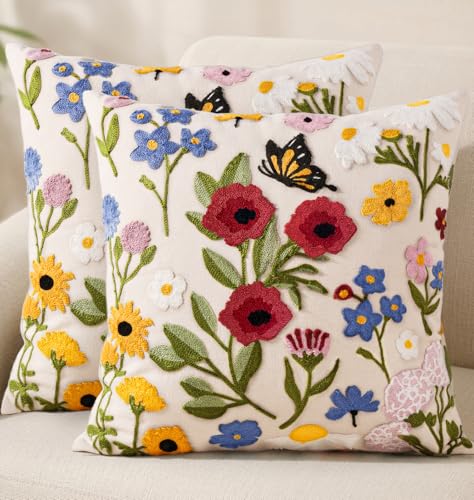 Embroidered Throw Pillow Covers 18x18 Inch - Set of 2 Summer Spring Boho Decorative Pillow Covers with Zipper for Living Room Couch Sofa Bed Aesthetic Design Retro Flower Cushion Pillowcases - color: Retro Flower, size: 18" x 18" (Pack of 2)