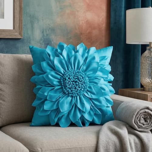 Bella's Giftshop 3D Sunflower Decorative Throw Pillow Covers for Bed Sofa Couch Car, Accent Floral Taffeta Cushion Cover, Handmade Pillow Cases Living Room Decor, 17x17 Inch-Teal/Turquoise - color: Blue