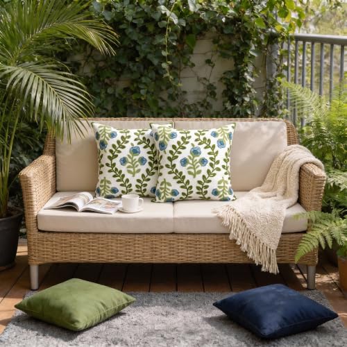 Alysheer Floral Embroidered Summer Decorative Throw Pillow Covers 18"x 18" Set of 2, Farmhouse Blue Flowers Green Vines Patterned Cotton Cushion Cases for Couch Bed Living Room Cottage Decor - color: Blue, size: 18" x 18" (Pack of 2)