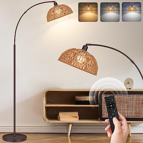 Brilvibera Boho Floor Lamp with Remote- Arc Tall Lamps, Bronze Floor Lamps with Stepless Dimmable Bulb, Hand-Worked Adjustable Rattan Lampshades, Brown Rattan Standing Lamp - style: Bronze Rattan Arc Lamp