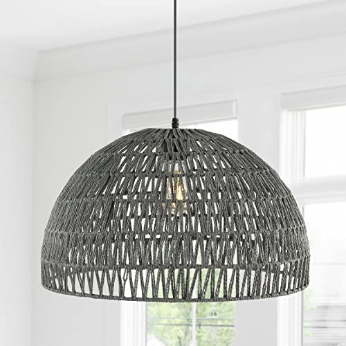JONATHAN Y 20" Gray Modern Bohemian Woven Rope LED Pendant Light Fixture, Adjustable Dome Ceiling Lamp for Kitchen Island, Rope Shade, Coastal Farmhouse Decor (JYL6504D) - color: Gray, size: 20"