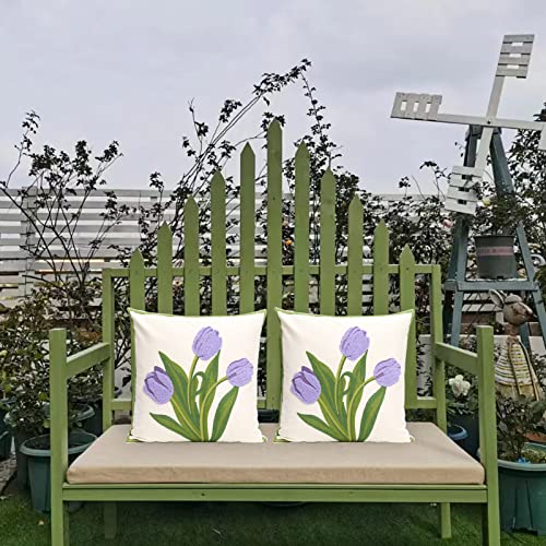 Pack of 2 Embroidered Decorative Throw Pillow Cover 18x18 Inch Farmhouse Floral Pillowcase for Living Room Sofa Bed (Purple Tulip) - color: Purple Tulip
