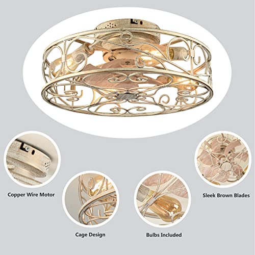20" Caged Ceiling Fans with Lights and Remote, Bladeless Ceiling Fan 6 Speed Reversible with 4 Bulbs and Remote Control,Flush Mount Caged Ceiling Fan for Bedroom, Living Room, (Include Bulbs) - color: White brushed gold(with light bulb)