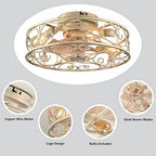 20" Caged Ceiling Fans with Lights and Remote, Bladeless Ceiling Fan 6 Speed Reversible with 4 Bulbs and Remote Control,Flush Mount Caged Ceiling Fan for Bedroom, Living Room, (Include Bulbs) - color: White brushed gold(with light bulb)