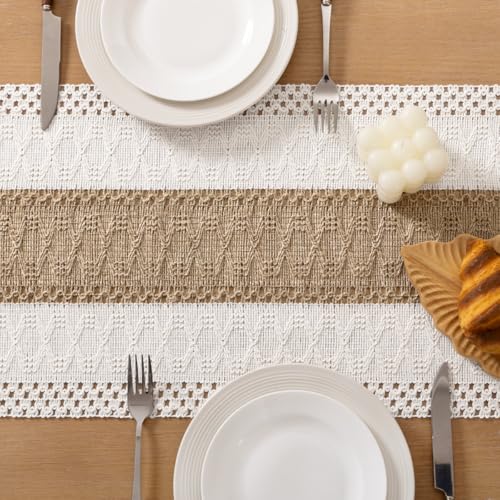 Socomi Boho Table Runner Summer Farmhouse Rustic Dining Kitchen Centerpiece Decor Small Macrame Woven Cotton Linen Coffee Table Runner for Dresser Scarf Home Decor 12x60 inch - color: Brown & Ivory, size: 12" X 60"
