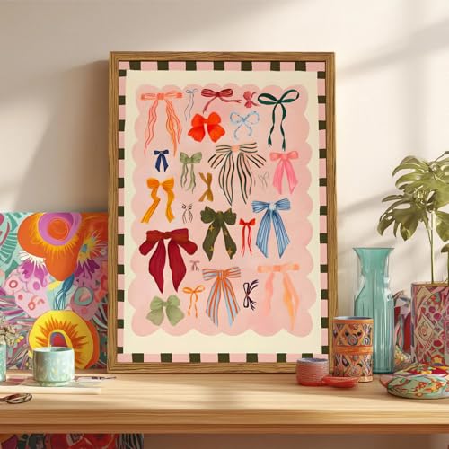 Framed Pink Wall Art, Coquette Colorful Bow Pictures Wall Decor, Trendy Preppy Paintings Canvas Prints Girly Home Decor Aesthetic for Girls Living Room Bedroom Dorm 16x24 inch - color: Colorful Bow, size: 24"L x 16"W
