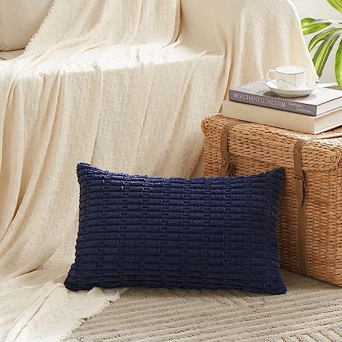 Fancy Homi Decorative Throw Pillow Covers for Bed Couch Bedroom Bench, Soft Lumbar Corduroy Solid Pillow Case, Rustic Farmhouse Boho Room Décor, 20" x 12" (Pack of 1), Navy Blue - color: Navy Blue, size: 20" x 12" (Pack of 1)