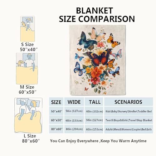 Butterfly Blanket Retro Floral Bloom Throw Blankets,Birthday Gifts for Kids Women Girls,Lightweight Soft Fleece,with Colorful Flower,Sofa Couch Bed Room Modern Decor 50x60in - color: Butterfly, size: 50x60in