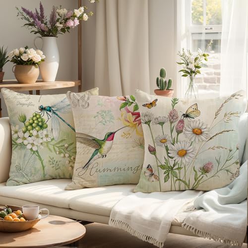 wyooxoo Throw Pillow Covers 16x16 Set of 4 Spring Summer Pillow Covers Flower Butterfly Bird Farmhouse Pillowcases for Sofa Couch Living Room Outdoor - color: Color H, size: 16" x 16" (Pack of 4)