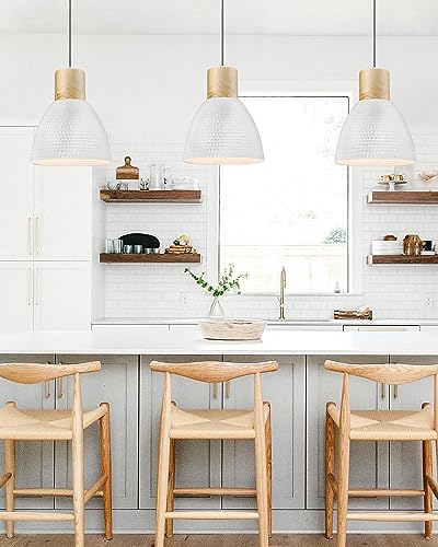 ELYONA 10.2” Hammered Pendant Light Fixtures, Metal & Rubber Wood Island Hanging Lamp, Adjustable Height, Modern Pendant Lighting for Kitchen,Farmhouse Bar,Dining Room,Bedroom, Nordic White - color: White - 1 Pack
