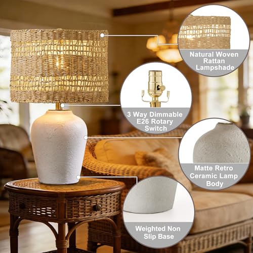 Maxax Farmhouse Ceramic Table Lamp for Living Room, 21" Boho Rattan Bedside Lamp with Woven Rattan Shade, 3-Way Dimmable Coastal Bedroom Lamp for Nightstand Office House - color: Light Gray