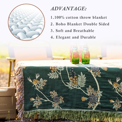 Snycler Boho Throw Blanket for Bed - 100% Cotton Ultra Soft Rustic Quilt Green Hummingbird Printed Farmhouse Decor Bed Blankets,60"×80" All Season Rustic Throw for Sofa Couch Chair - color: Green Hummingbird, size: 60"x80"