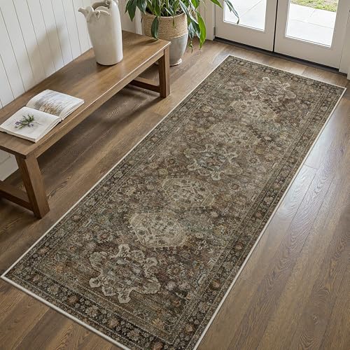Bavni 2x5 Runner Rug, Non Slip Washable Runner Rug, Vintage Brown Hallway Rug Runner, Ultra Thin Low Pile Carpet Runner for Kitchen Bathroom Entryway Bedroom, Brown - color: Brown, size: 2' x 5' (Rectangular)