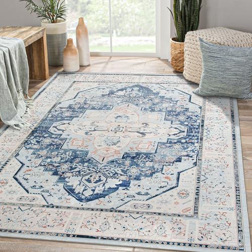 DECOMALL Maila Machine Washable Rugs 8x10ft, Traditional Oriental Blue Rug,Vintage Distressed Large Rugs Carpet for Living Room Bedroom - color: 09blue, size: 8' x 10' (Rectangular)