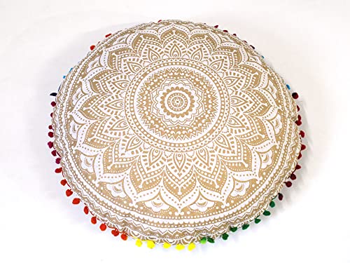Round Mandala Floor Pillow Cover Seating Cushion Throw Cover Hippie Decorative Bohemian Ottoman Pouf Cover, Pom Pom Pillow Cases,Boho Indian 22 Inches (White Gold) - color: White Gold