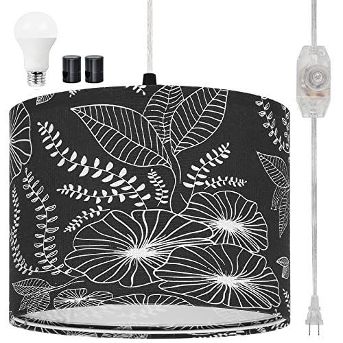 CINSARY Plug in Pendant Light, Hanging Light with Plug in Cord with Dimmable Switch, Hanging Lamp with 15 ft Clear Cord, Black Pendant Light Fixture for Bedroom Kitchen Living Room (Bulb Included) - color: Black flower