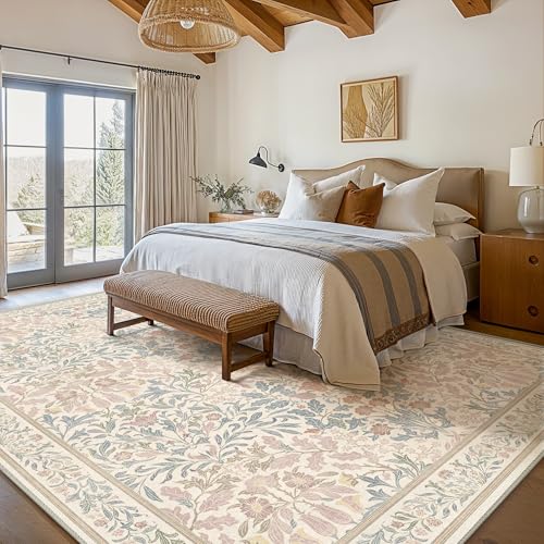 Bavni 4x6 Area Rugs for Living Room, Floral Rug Machine Washable Non Slip, Vintage Boho Forest Carpet, Soft Low Pile Thin Lightweight Rugs for Bedroom, Farmhouse, Dining Room Office, Beige Pink - color: Beige Pink, size: 4' x 6' (Rectangular)