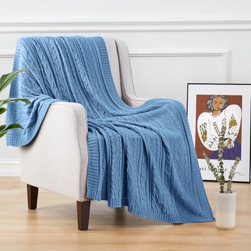 Aormenzy Dusty Blue Cable Knit Throw Blankets for Couch Bed Sofa, Acrylic Knitted Blanket, Soft Cozy Throw Blanket, 50" x 60" - color: Dusty Blue, size: 50" x 60", Throw
