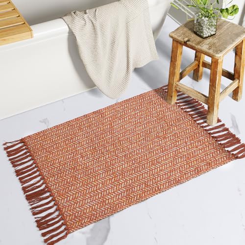 Lahome Belle Boho Fall Kitchen Rug, 2x3 Bathroom Rug Lightweight Indoor Door Mats for Entryway Small Cotton Area Rug with Tassels, Farmhouse Washable Throw Rugs Low Pile Carpet for Bedroom - color: Rust/Multi, size: 2' x 3' (Rectangular)