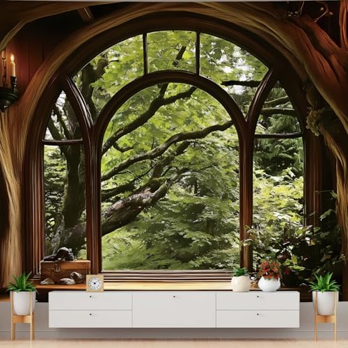 Apdidl Forest Window Tapestry for Bedroom, Nature Green Tree Medieval Large Wall Mural Tapestries Aesthetic, Vintage Outdoor Landscape Backdrop Wall Hanging for Living Room Curtain Decor (51" X 60") - color: B-Window Forest Tapestry, size: 60"L x 51"W