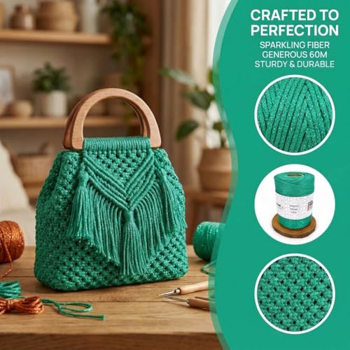 3mm Sparkle Polyester Macramé Cord - 150g/66yds Metallic Glitter Braided Cord for Crocheting Bags, Baskets, Macramé Plant Hangers & DIY Crafts, Machine Washable (11#Green) - color: 11#green