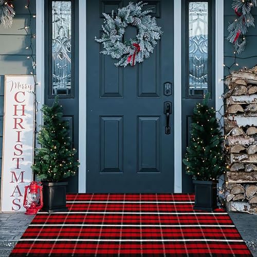 CAINANEL Buffalo Plaid Outdoor Rug Christmas Door Mat Christmas Decor Welcome Rug Cotton Hand-Woven Layered Door Mats for Front Porch, Kitchen, Farmhouse, Entryway (35.4''x59'', Red/Black/White) - color: Red/Black/White Plaid, size: 3' x 5' (Rectangular)