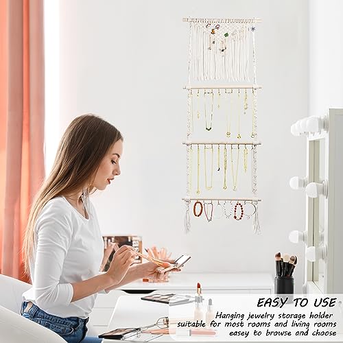 Teniinet Hanging Jewelry Organizer, Boho Macrame Necklace Hanger Wall Mounted with 30 Hooks,Door Hanging Jewelry Holder with Tassel for Necklaces Display Organizer(Necklace Holder)