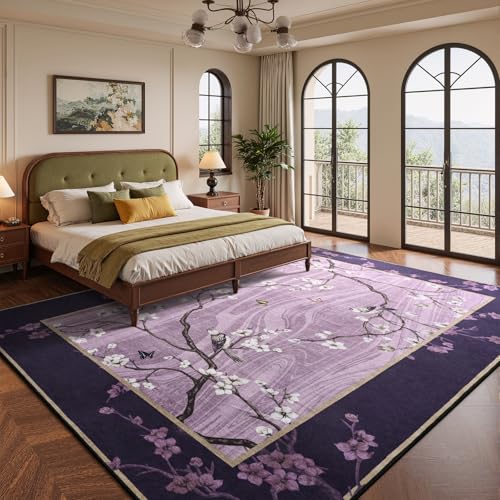 4x6 Area Rug for Living Room, Oriental Floral Birds Washable Rugs for Bedroom, Soft Low Pile Non Slip Carpet for Dining Room Kids Room Nursery Office Home Decor, Purple - color: Purple, size: 4' x 6' (Rectangular)