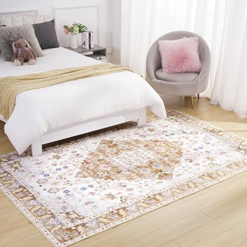 Amearea Vintage Design Area Rugs for Living Room, 4x6 Machine Washable Floral Collection Traditional Bedroom Rug, Low Pile Cute Kids Room Print Carpet, No Slip Office Kitchen Home Decor, Gold Yellow - color: Gold, size: 4' X 6' (Rectangular)