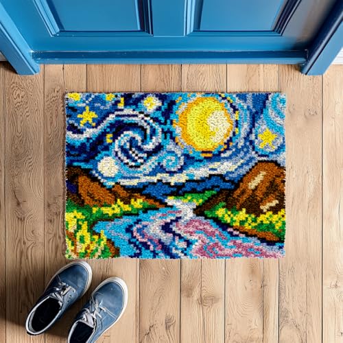 ORIGACH Starry Night Sky Latch Hook Rug Kit for Adults Printed Rug Making Kit Handmade Carpet Tapestry Cover with Hook Latch and Preprinted Canvas, Home Arts Crafts Sofa Decor, 20.5x15inch - style: Starry Night Sky