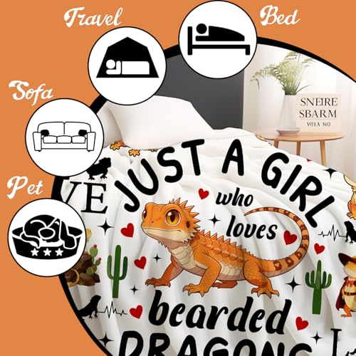 Bearded Dragon Blanket Lizard Gifts for Reptile Lovers Girls Kids Women Adults,Soft Flannel Bearded Reptiles Plush Throw Blanket for Bed Sofa Couch 60"x50" - color: Bearded Dragon, size: 60"x50"