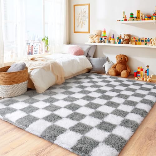 Area Rugs for Living Room Bedroom 9x12, Ultra Fluffy Shag Checkered Rug Modern Washable Carpet Soft Shaggy Non Slip Indoor Plush Fuzzy Rugs for Bedroom Dorm Office Home Aesthetic Decor, White & Grey - color: White & Grey, size: 9' x 12' (Rectangular)