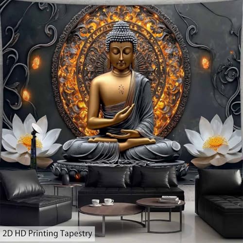 FENDROM Sitting Golden Buddha Tapestry Wall Hanging Buddhist Statue Tapestries White Lotus Meditation Wall Decor Zen Art Psychedelic Indian Wall Blanket for Bedroom Living Room Home Decor - color: Grey, size: 59"L x 39"W