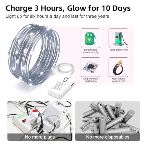 8 Pack Rechargeable LED Fairy Lights 7Ft 20LED Battery Operated with Remote, DIY Timer & 8 Modes, Mini Twinkle String Lights for Indoor Christmas Wedding Mason Jar Bedroom Party Table (White) - color: White