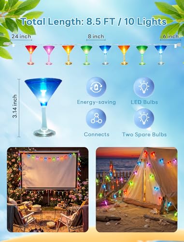 Cocktail Glass String Lights, 8.5FT 10 LED Summer String Lights with UL Certified Plug, Waterproof Tropical Party Decorations for Patio, Connectable Hawaiian Lights for Garden Backyard Bar Decor - color: 10 LED Cocktail Glasses