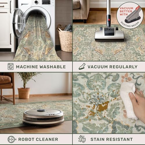 Sage Green Boho Bathroom Rugs - 2x3 Washable Non-Slip Soft Low Pile Area Rug for Entryway, Kitchen, and Decorative Door Mats - Vintage Farmhouse Design with Bird & Botanical Pattern Boho Décor - color: Sage Green, size: 2' x 3' (Rectangular)