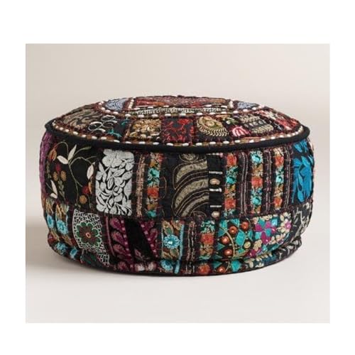 Sophia-Art Indian Embroidered Patchwork Cover Indian Decorative Comfortable Floor Cotton Cushion Ottoman Pouf, Designs Ethnic Patchwork Pouf (Black, 14"x22") (Cover Only)