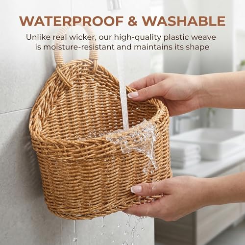 DOITOOL Set of 2 Wicker Hanging Basket for Wall, Front Door, Flowers, Mail, Fruit - Boho Handmade Rattan Hanging Wall Baskets for Garden Farmhouse Home Storage